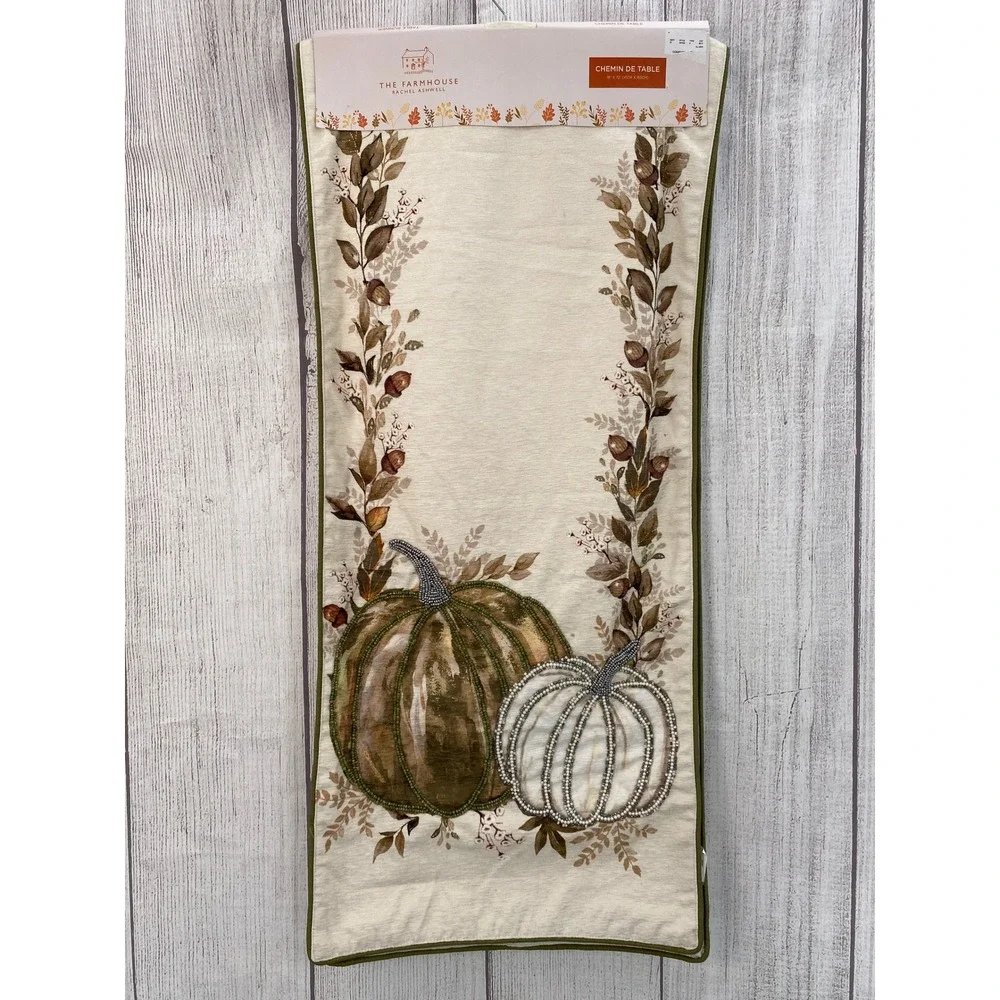 Rachel Ashwell Farmhouse Table Runner 16x72 Cream Beaded Pumpkin Fall Harvest
